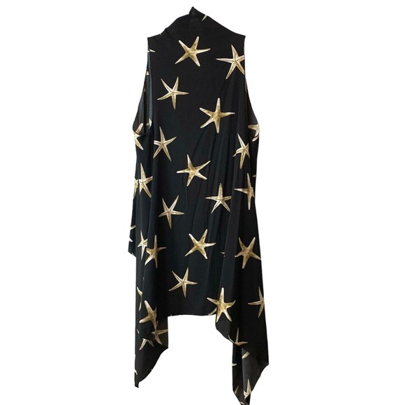 Made in Mexico Sleeveless Long Duster Black Gold Starfish Print Handkerchief Hem - Picture 2 of 5